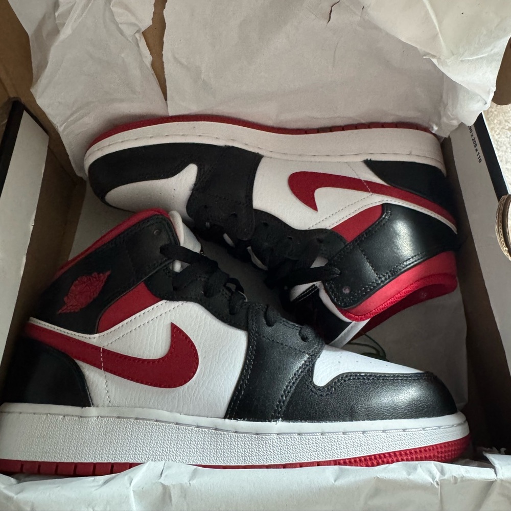 Jordan Air Mid White, Red, and Black Sneakers